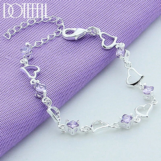 DOTEFFIL-Bracelet coeur violet en argent regardé 925 pour femme, bijoux, fiançailles, cadeau de Noël